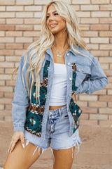 Chaqueta de jeans azul estampado aztecas