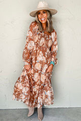 Brown Floral Print Ruched Square Neck High Waist Maxi Dress