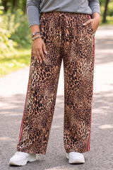 Pantalon large marron léopard grande taille à bandes latérales contrastées
