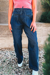 Pantalon en denim ample à carreaux bleu voile avec panneau latéral et cordon de serrage