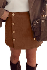 Mini-jupe camel effet portefeuille asymétrique à boutons dorés