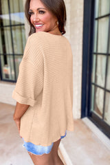 Haut à manches courtes et revers à col fendu en tricot texturé Parchment