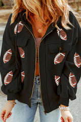 Black Sequin Zip Up Hoodie with Rugby and Football Pattern