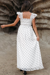 Long White Smocked Dress with Pois *