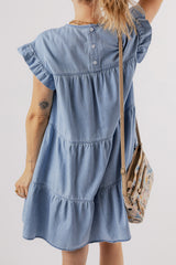 Beau Blue Short Sleeve Ruffle A-Line Denim Dress