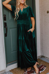 Evergreen Velvet Long Dress with Short Sleeves and Tiered Ruched Waist