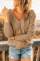 Khaki zipped V-neck sweater with hood and dropped sleeves