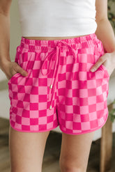 Pink Plaid Drawstring Elastic Waist Casual Shorts