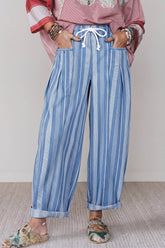 Jean large bleu ciel rayé à taille haute et laçage, longueur cheville