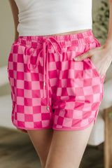 Short décontracté à taille élastique avec cordon de serrage à carreaux rose