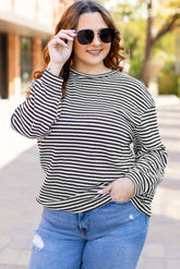Black Striped Drop Shoulder T-Shirt, Long Puff Sleeves, Crew Neck, Plus Size