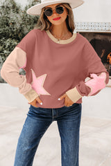 Sweat-shirt patchwork étoile contrasté rose
