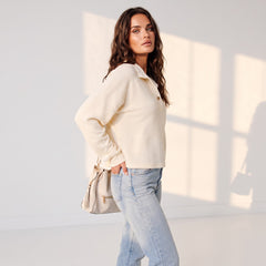 Sweat Henley beige à boutons et manches lanternes texturées