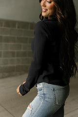 Black Waffle Knit Henley Top with Bound Neckline