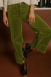 Pantalon large taille haute en velours côtelé de couleur unie vert