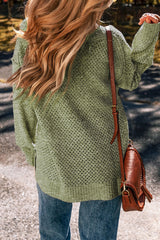 Jungle Green Eyelet Loose Sweater, V-Neck, Dropped Shoulders
