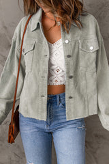 Sky blue corduroy cropped jacket with raw hem and flap pockets