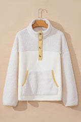 Beige fleece button-down sweatshirt with pocket and color block trim