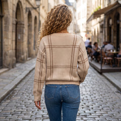 Pull beige à motif écossais et col rond