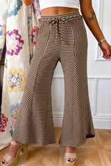Pantalon large beige foncé à rayures et détails patchwork