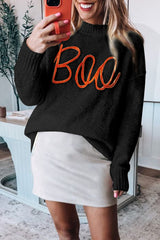 Black sweater with drooping shoulders and ribbed edges with Boo knitted pattern