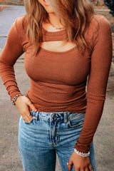 Brown Ribbed Long Sleeve Peekaboo Cutout Top