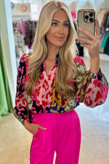 Chemisier plissé à imprimé léopard rose et patchwork-A WOMAN WE LOVE