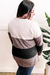 Plus Size Black Leopard Print Color Block Long Sleeve V Neck Top