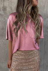 Pink loose cutting t-shirt with chest pocket