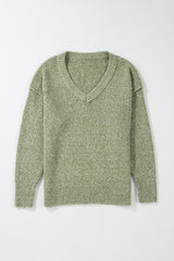 Jungle Green Eyelet Loose Sweater, V-Neck, Dropped Shoulders