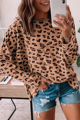 Brown animal print long sleeve loose top