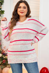 Pink striped sweater, dropped shoulders, side slit, plus size