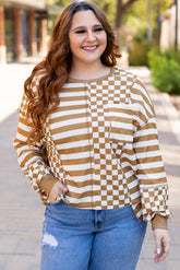 Khaki Striped Mixed Print Casual Top with Chest Pocket and Plus Size