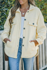 Beige button-down shirt jacket with turn-down collar