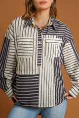 Chemisier rayé 2 tons patchwork demi-boutons poches *-A WOMAN WE LOVE
