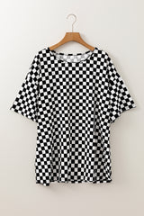 Black plaid t-shirt with side slits, round neck, plus size