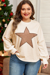 Plus Size Beige Star Studded Crew Neck T-Shirt
