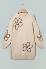 Robe pull beige à fleurs, col rond et manches bouffantes