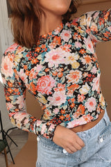 Top short slim with long sleeves in orange floral mesh