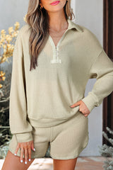 Parchment Textured Long Sleeve Button-Down Top and Shorts 2 Piece Set