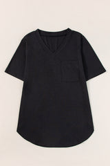 T-shirt noir à col en V et ourlet arrondi avec poches