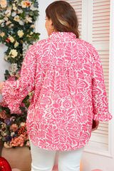 Plus Size Pink Floral Print Ruffle Collar Puff Sleeve Top