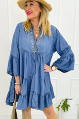 Sky Blue Chambray Ruffle Mini Dress with Tiered 3/4 Sleeves and Split V-Neck