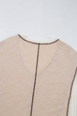 Loose high low top with parchment crochet details and exposed seams