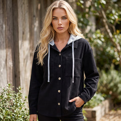 Black ribbed velvet jacket with hooded and pockets with tightening cord