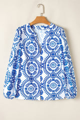 Chemise à col en V fendue à manches bouffantes et imprimé géométrique vintage bleu ciel-A WOMAN WE LOVE