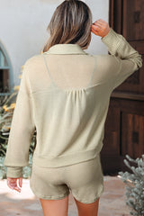 Parchment Textured Long Sleeve Button-Down Top and Shorts 2 Piece Set