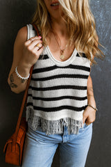 Débardeur ample à franges en tricot beige à rayures-A WOMAN WE LOVE