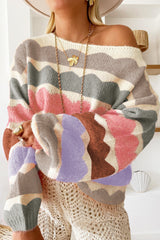 Gray sweater with wavy stripes, balloon sleeves, drooping shoulders