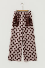 Pantalon large marron à pois et poches plaquées contrastées